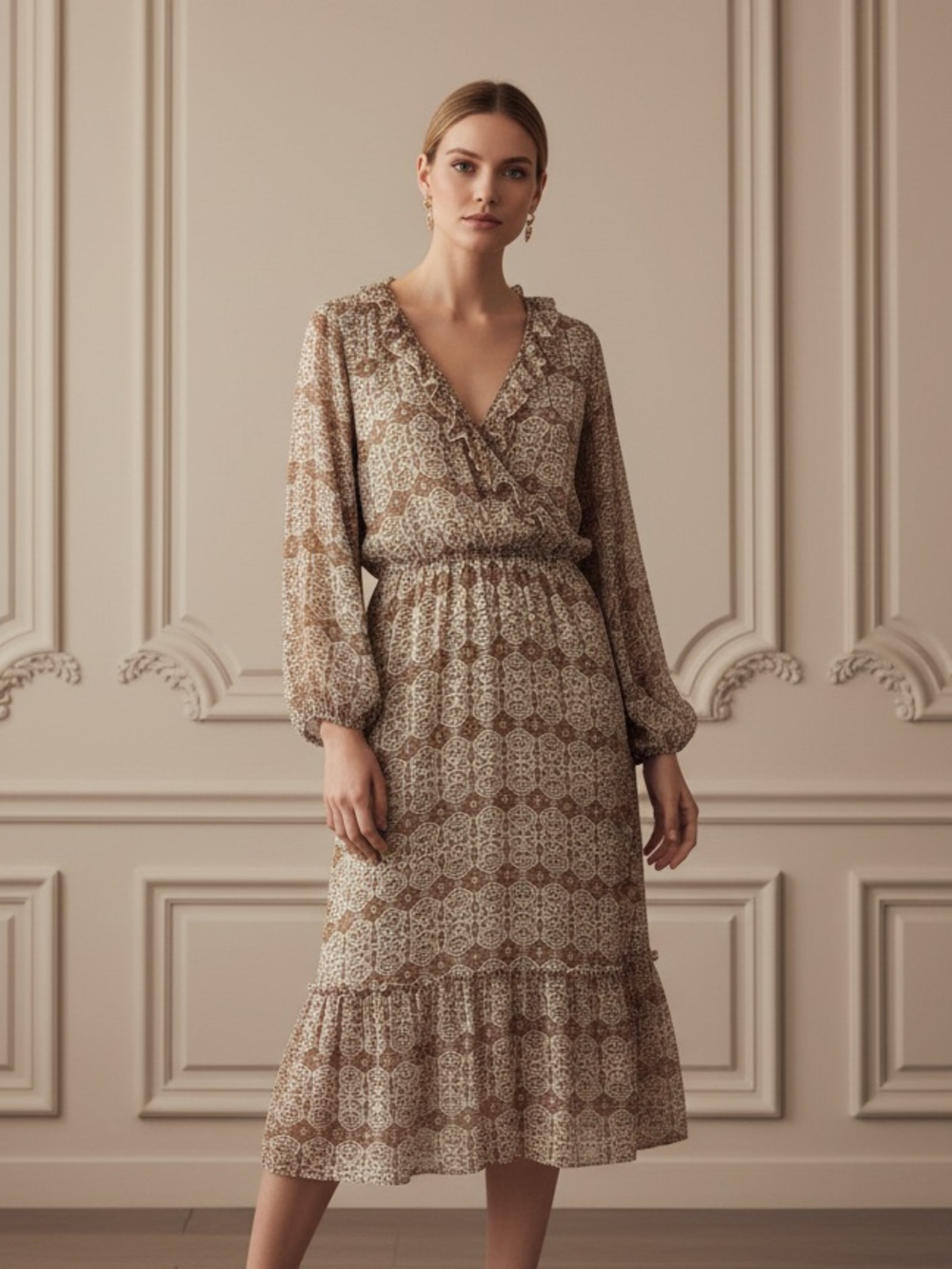 Hayden Los Angeles Printed Brown V-Neck Midi Dress with Elastic Waist